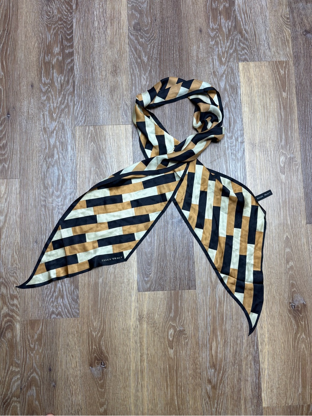 Ellen Tracy Black, Gold & Cream Striped Silk Scarf